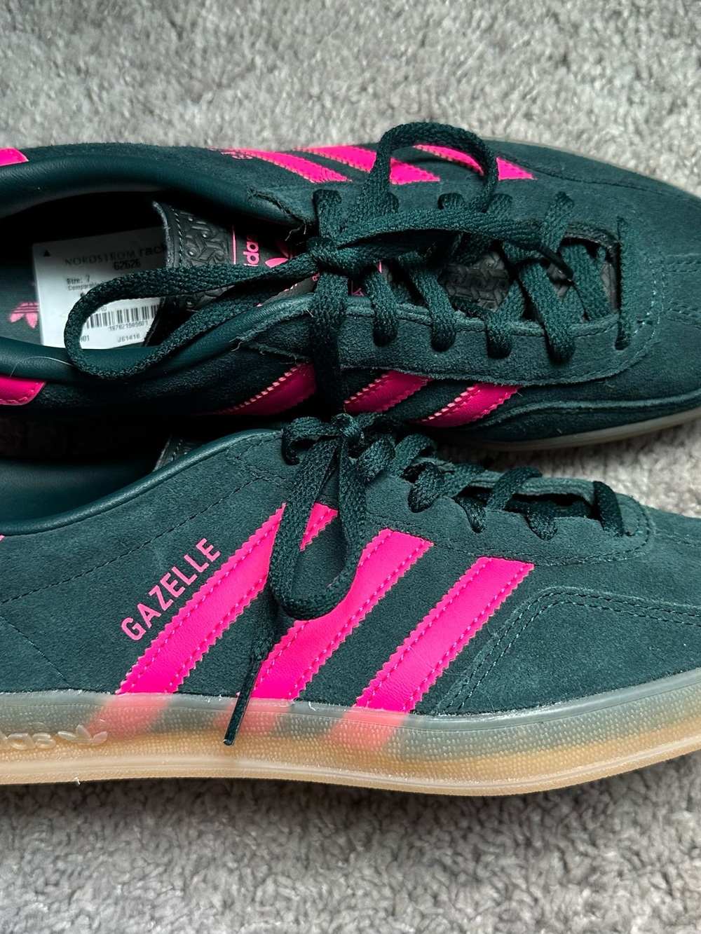 adidas Gazelle Women’s Suede Sneakers in Dark Green with Pink Stripes